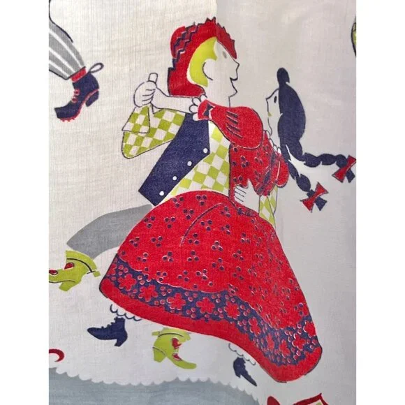 950s Cotton Apron With Folk Art Italian Style Dance Music Print  Red Trim VTG - Picture 11 of 16